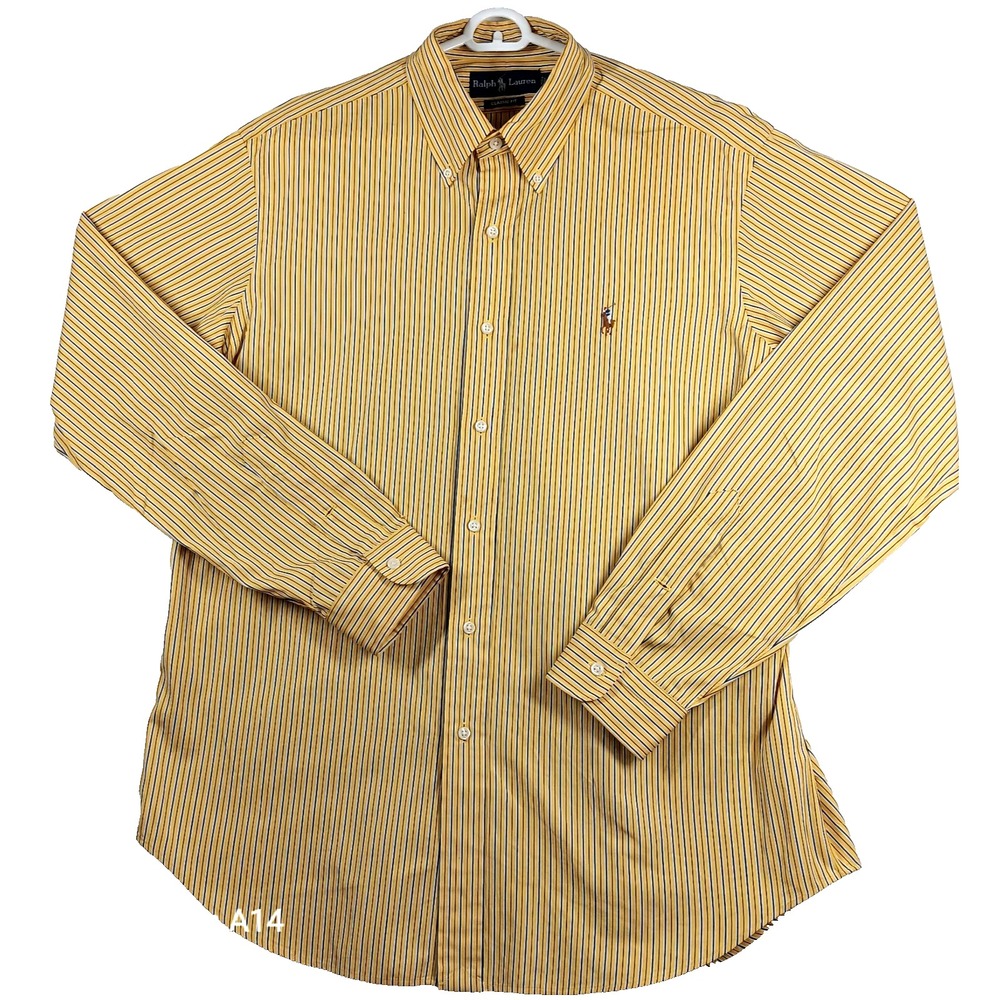 Ralph Lauren Men's Large Oxford Shirt Yellow Stripe Classic Fit Cotton Button Fr